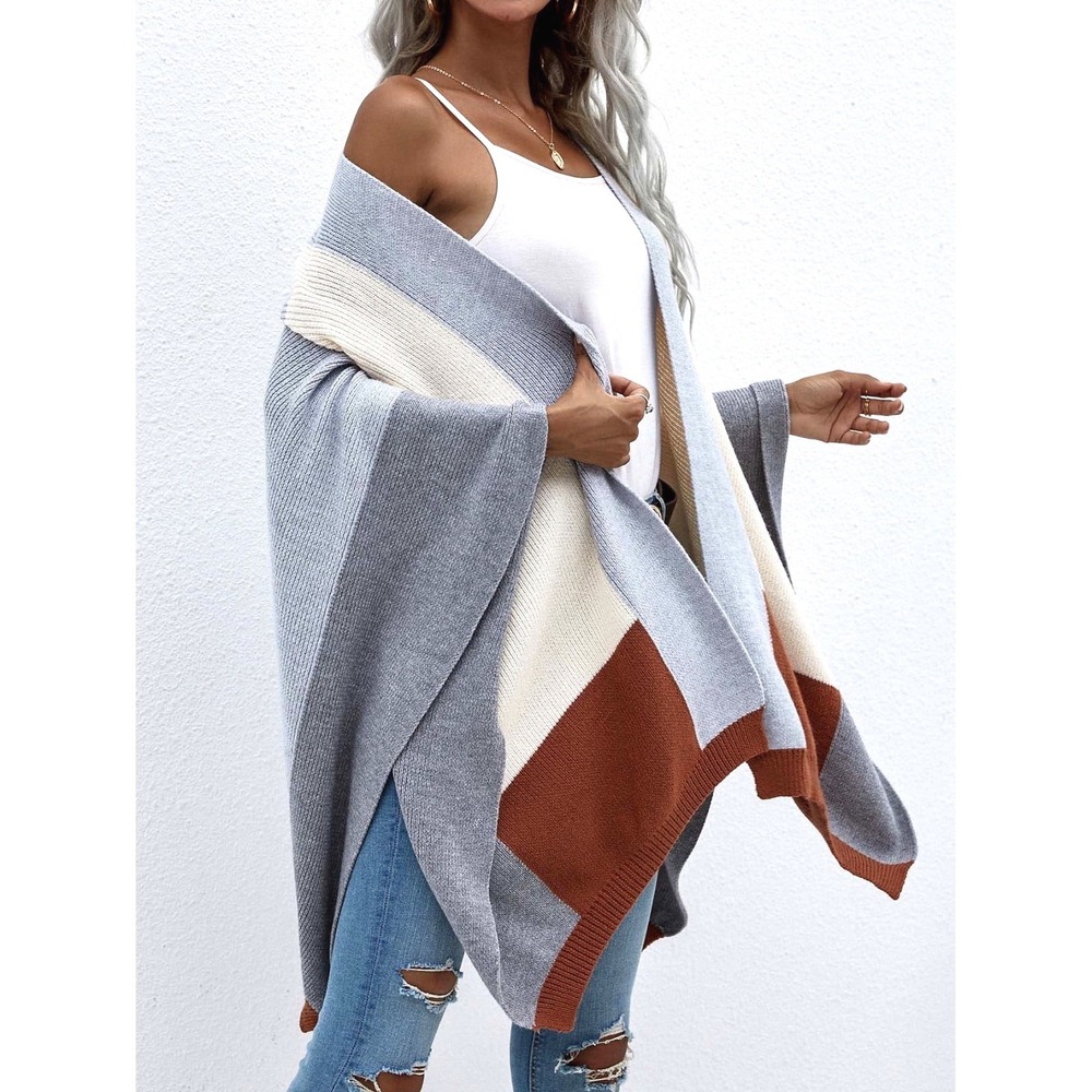 NWT C+D+M Light Grey/Multi COLOR BLOCK Open KNIT SWEATER WRAP PONCHO Sz OS